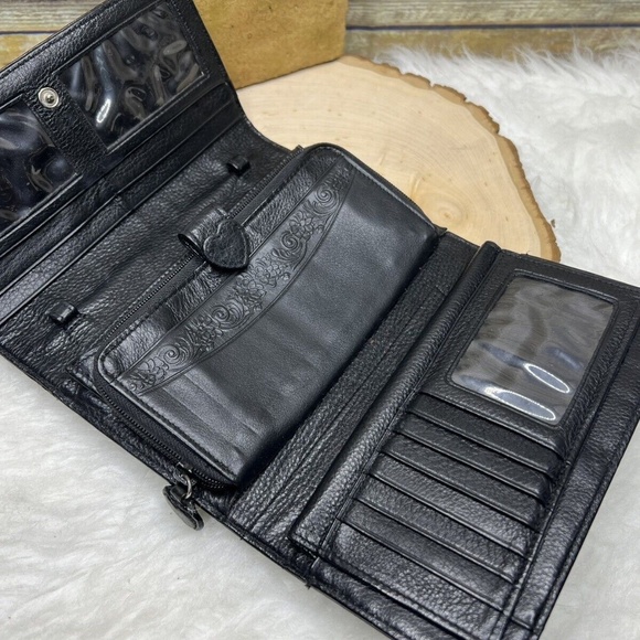 Vintage Brighton Black Pebbled Genuine Leather Croc Trim Clutch Organizer Wallet - Picture 8 of 16